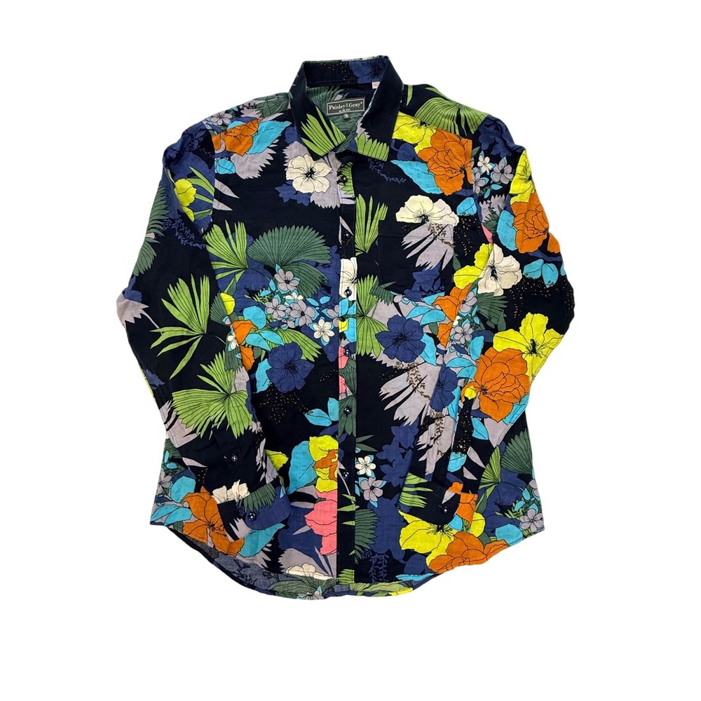 Paisley & Gray Slim Fit Tropical Floral Button Down Shirt Long Sleeve XL 18